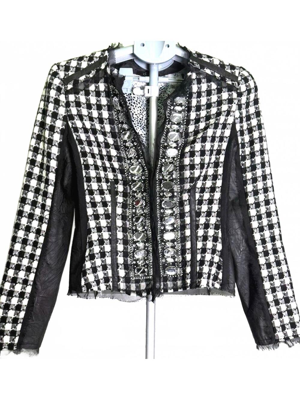 SELE' WOMEN'S BLAZER JACKET LINED M BLACK & WHITE HOUNDSTOOTH EMBELLISHED NWOT